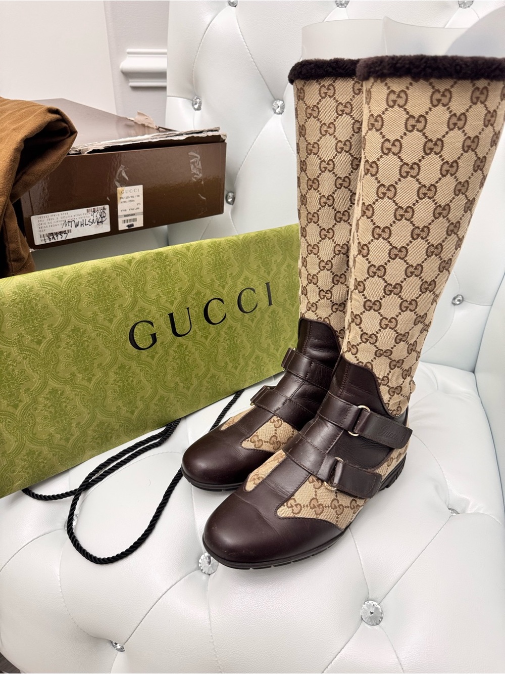 Gucci Beige GG Canvas and Dark Brown Leather Knee Boots